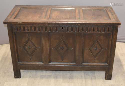 18thC carved oak coffer with panelled hinged lid, W113 x D53...