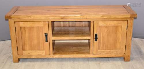 Contemporary solid oak low cupboard and shelf media unit / t...