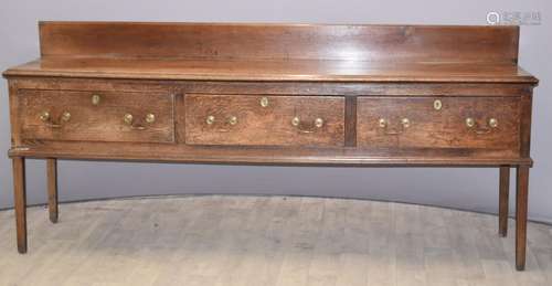 Georgian oak dresser base, fitted three long drawers, L228 x...