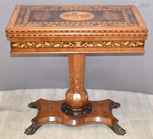 19thC Irish Killarney marquetry and yew games table, the hin...