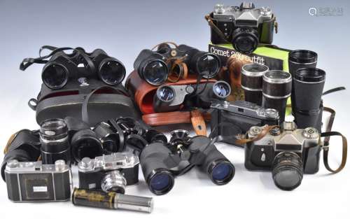 Cameras and binoculars to include Zenit EM 35mm SLR camera w...