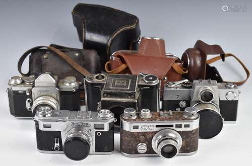 Five 35mm SLR and rangefinder cameras including Kiev 4 with ...