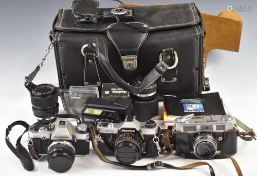 Three 35mm cameras comprising Olympus OM20 SLR with 50mm 1:1...