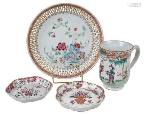 Three Chinese Porcelain Famille Rose Plates, One Export Mug