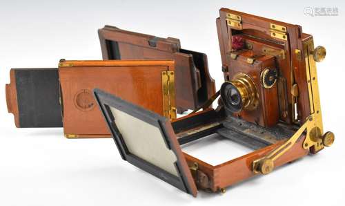 19th or early 20thC mahogany plate camera with shutter and l...