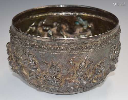 Burmese or Indian silver bowl with deeply embossed relief de...