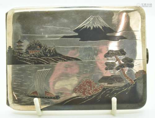 Japanese silver cigarette case with decoration of Mount Fuji...