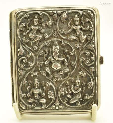 Indian silver cigarette case with embossed decoration of dei...