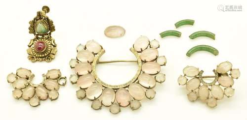 Chinese silver brooch set with rose quartz cabochons, with m...