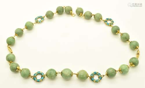 A 14k gold necklace made up of jadeite and circular enamel l...