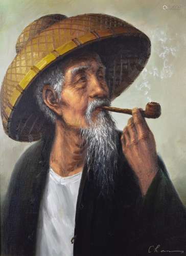 Oil on canvas of an oriental gentleman smoking a pipe, signe...