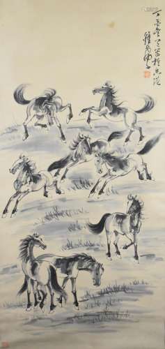 Large Chinese watercolour of frolicking horses, 88 x 42cm