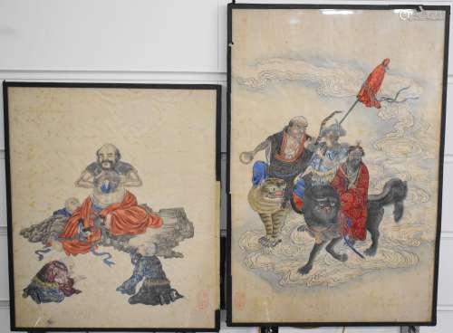 Two 19th / 20thC Japanese watercolours on woven silk, one a ...