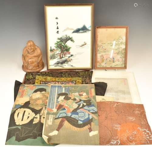 Three Japanese Meiji period woodblock prints, a Chinese embr...