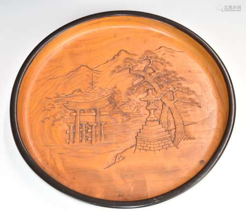 Japanese circular carved wooden bowl, diameter 36cm