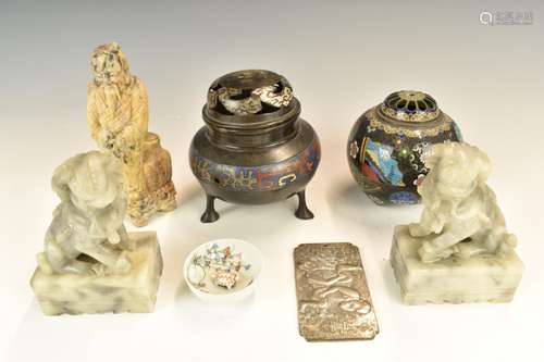 Chinese cloisonne censer, pot pourri, Dogs of Fo, soapstone ...