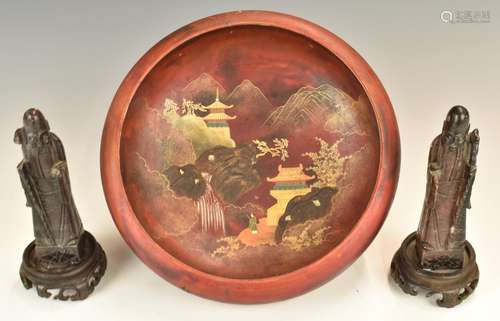 Japanese lacquer pedestal bowl with landscape decoration, he...