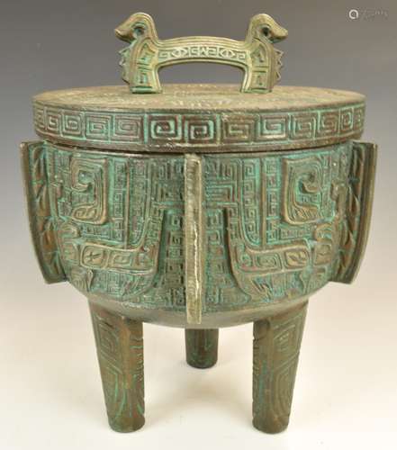 Chinese bronzed / cast metal ice bucket in the form of a cen...