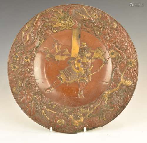 Japanese Meiji period bronze charger with central Samurai an...