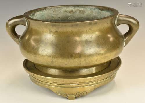 19thC Chinese bronze twin handled pedestal censer, with seal...