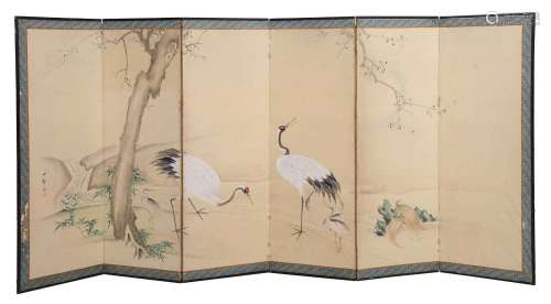 Japanese Six Panel Painted Folding Room Screen