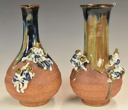 Two Japanese Sumida Gawa pottery pedestal vases with applied...