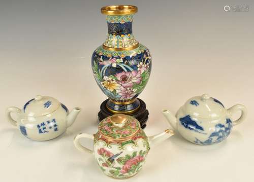 Chinese 19thC miniature famille rose teapot, cloisonne vase ...