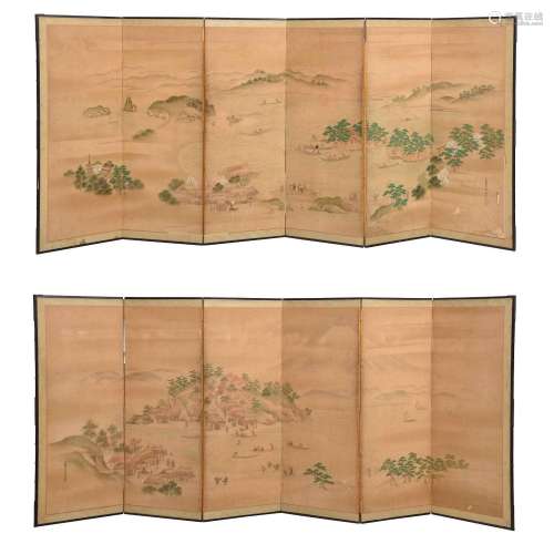 Two Japanese Six Panel Painted Folding Room Screens