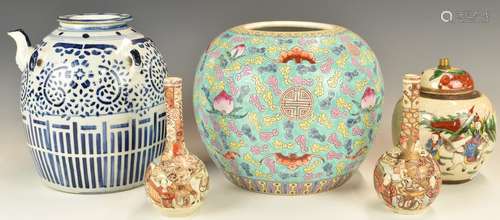 Large Chinese teapot, enamelled vase, ginger jar etc, talles...