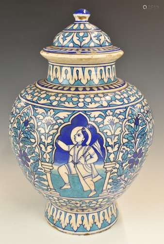 Indian 19thC Sindpottery pedestal covered vase with figural ...