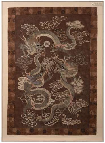 Japanese Needlework Panel of Three Dragons