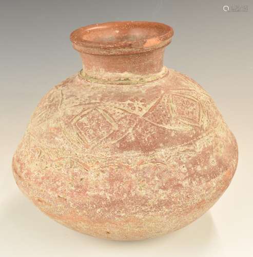 A redware / red clay pot with geometric design, height 24cm