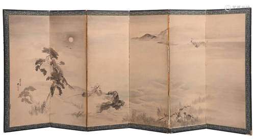 Japanese Six Panel Painted Folding Room Screen