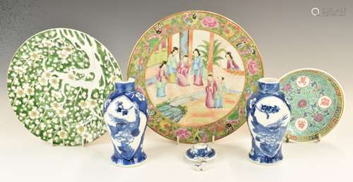 Chinese 19thCfamille rose charger, two vases with four chara...