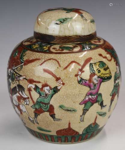 Chinese 19thC/20thCcrackle glazed covered ginger jar decorat...