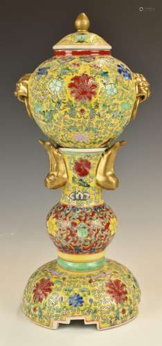 Chinese two part covered censer with enamelled decoration, f...