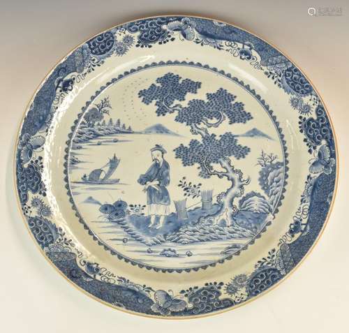 Chinese 19thC large blue and white charger decorated with lo...