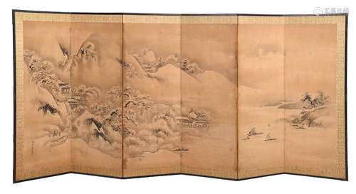 Japanese Six Panel Painted Folding Room Screen