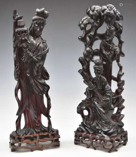 Pair of Chinese 18th/19thCcarved cherry amber figures of Gua...