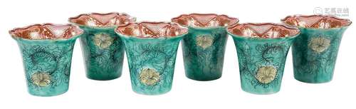 Set of Six Japanese Enamel Decorated Kutani Sake Cups