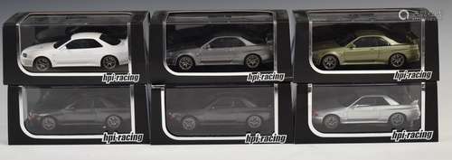 Six HPI Racing model Nissan Skyline slot cars 8501, 8504, 85...