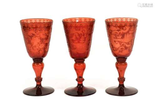 A Set of Three Bohemian Glass Goblets, 19th century, the rou...