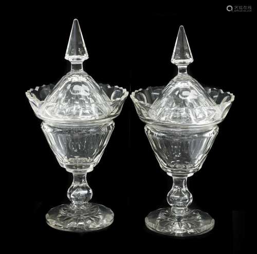 A Pair of Cut Glass Sweetmeat Vases and Covers, 19th century...