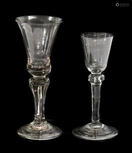 A Wine Glass, circa 1720, the thistle shaped bowl on a pedes...