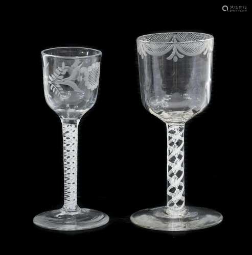 A Wine Glass, circa 1750, the semi-fluted ogee bowl engraved...