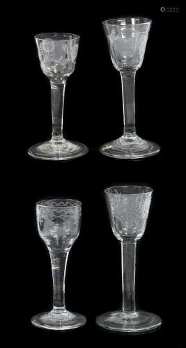 A Wine Glass, circa 1750, the rounded funnel bowl engraved w...