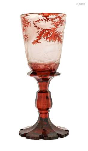A Bohemian Ruby Overlay Clear Glass Goblet Vase, 19th centur...