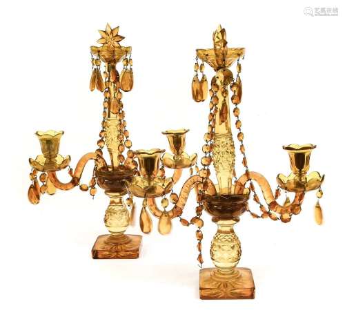 A Pair of Amber Glass Table Lustres, in Georgian style, the ...