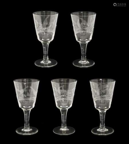 A Set of Five Cock Fighting Glasses, 19th century, the round...