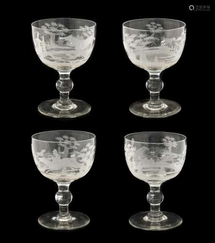 A Set of Four Glass Rummers, 19th century, the ovoid bowls e...